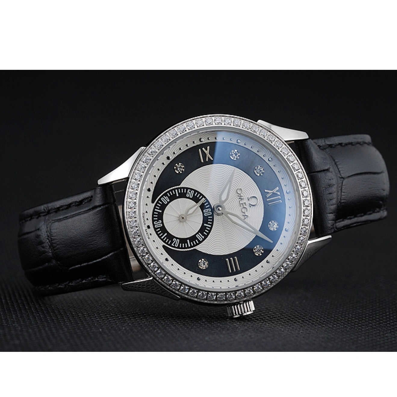 1029 Omega DeVille Prestige Black Dial Silver Diamond Case Black Leather Bracelet 1454120